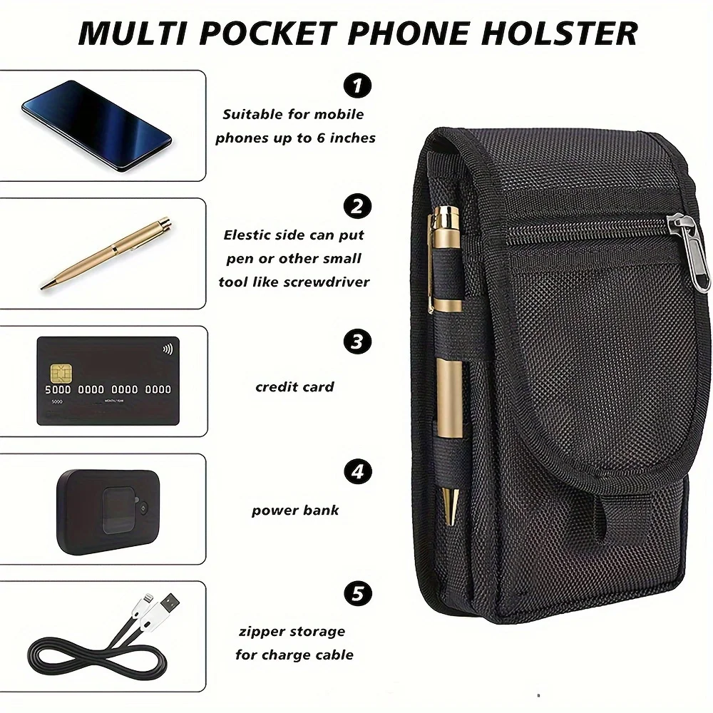 6.5 Inch Multi-Functional Mobile Phone Bag Oxford Fabric Pocket Cell Phone Belt Pouch Case Men's Outdoor Bag for Iphone 16 15