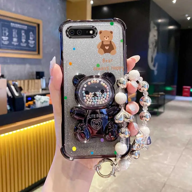 Pearl Strap Lanyard Glitter Strap Bear Phone Holder Case On For iPhone 8 Plus 7 6 6s Plus Se 2020 7plus 8plus Anti-knock Cover