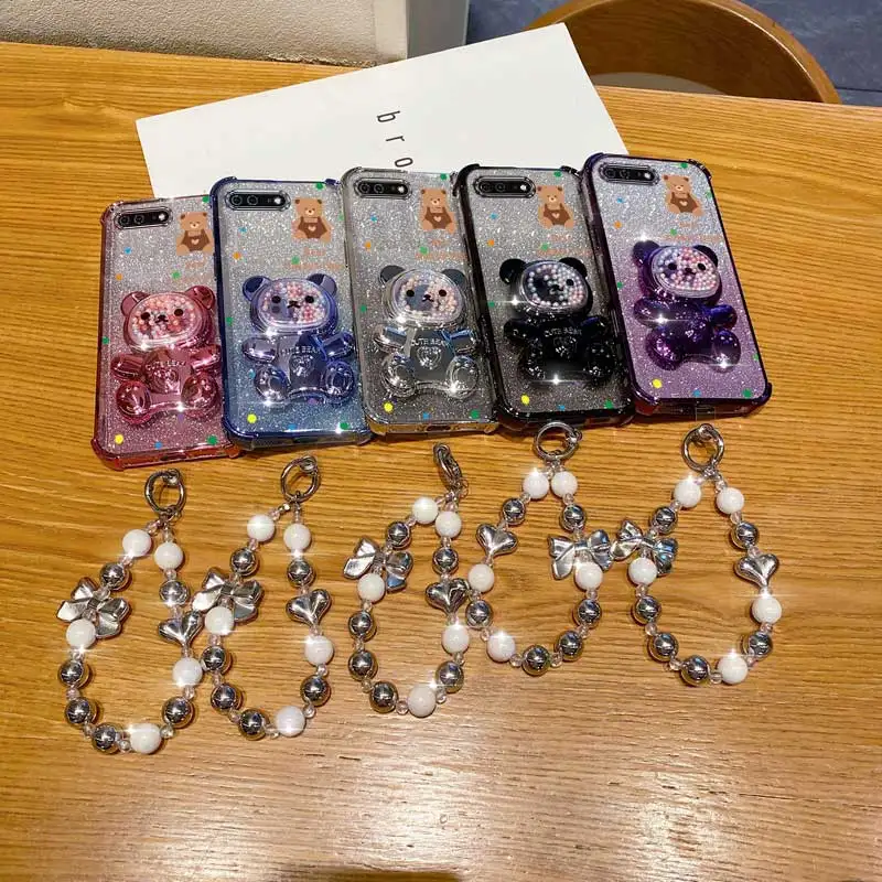 Pearl Strap Lanyard Glitter Strap Bear Phone Holder Case On For iPhone 8 Plus 7 6 6s Plus Se 2020 7plus 8plus Anti-knock Cover