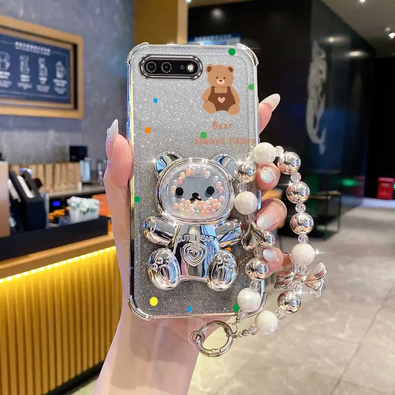 Pearl Strap Lanyard Glitter Strap Bear Phone Holder Case On For iPhone 8 Plus 7 6 6s Plus Se 2020 7plus 8plus Anti-knock Cover
