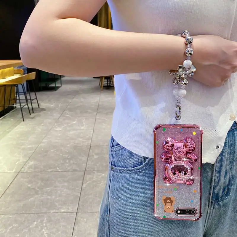 Pearl Strap Lanyard Glitter Strap Bear Phone Holder Case On For iPhone 8 Plus 7 6 6s Plus Se 2020 7plus 8plus Anti-knock Cover