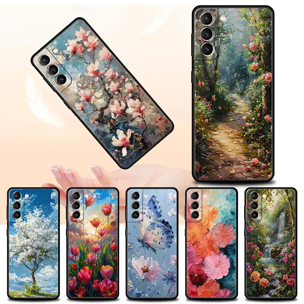 Oil Painting Of Flowers Phone Case For Samsung Galaxy S25 S24 S23 S22 S20 Ultra S21 FE 5G S10 Plus S10E Soft TPU Cover