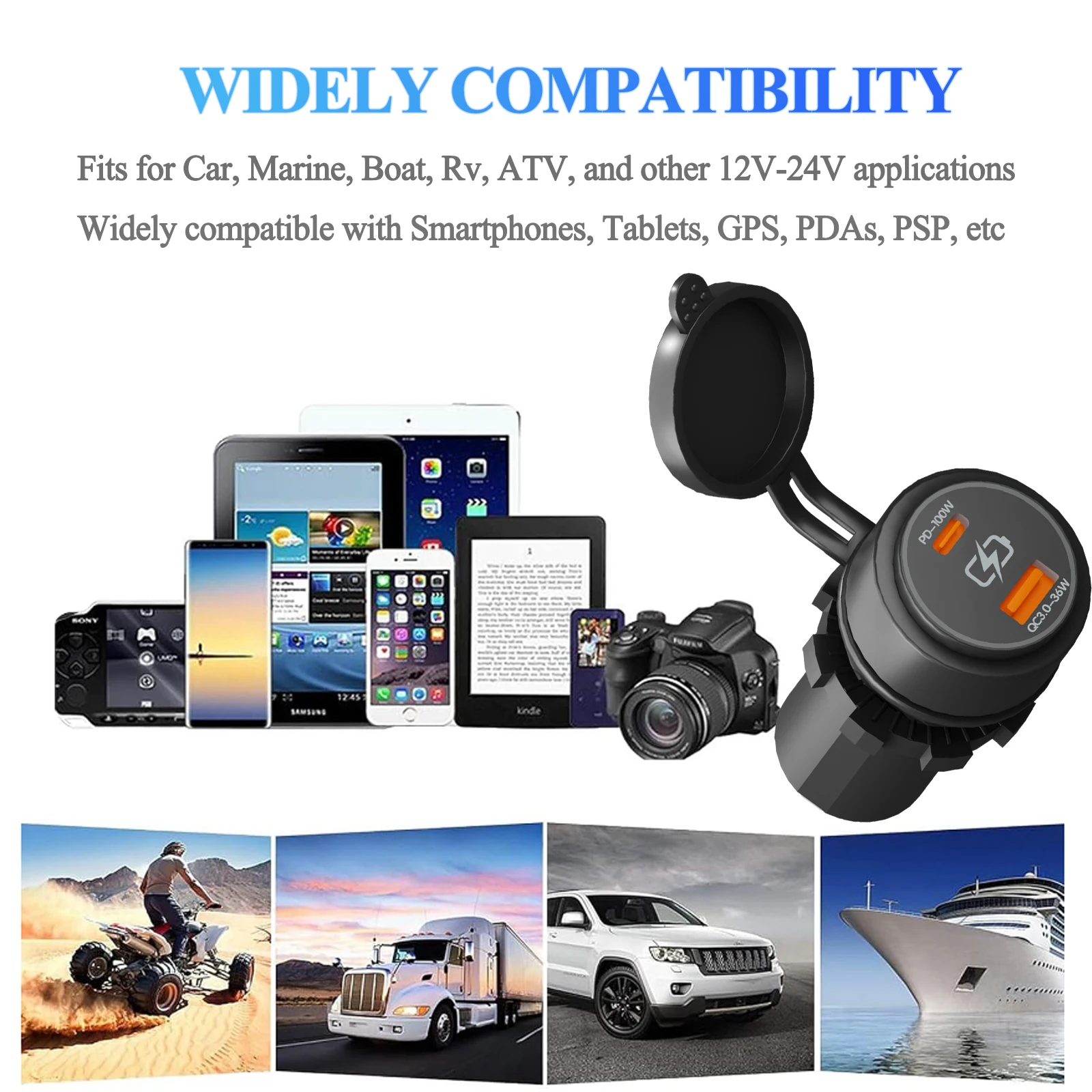 100W PD QC3.0 Dual USB Car Charger Socket (Type C & Type A)12V/24V Fast Charging for iPhone Samsung Xiaomi Huawei Car Truck Boat