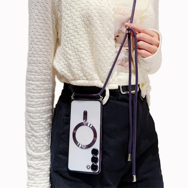Transparent silicone magnetic case for Samsung S25 S24 S23 Ultra A56 A55  A36 A16 A26 Cross necklace rope wireless charge cover
