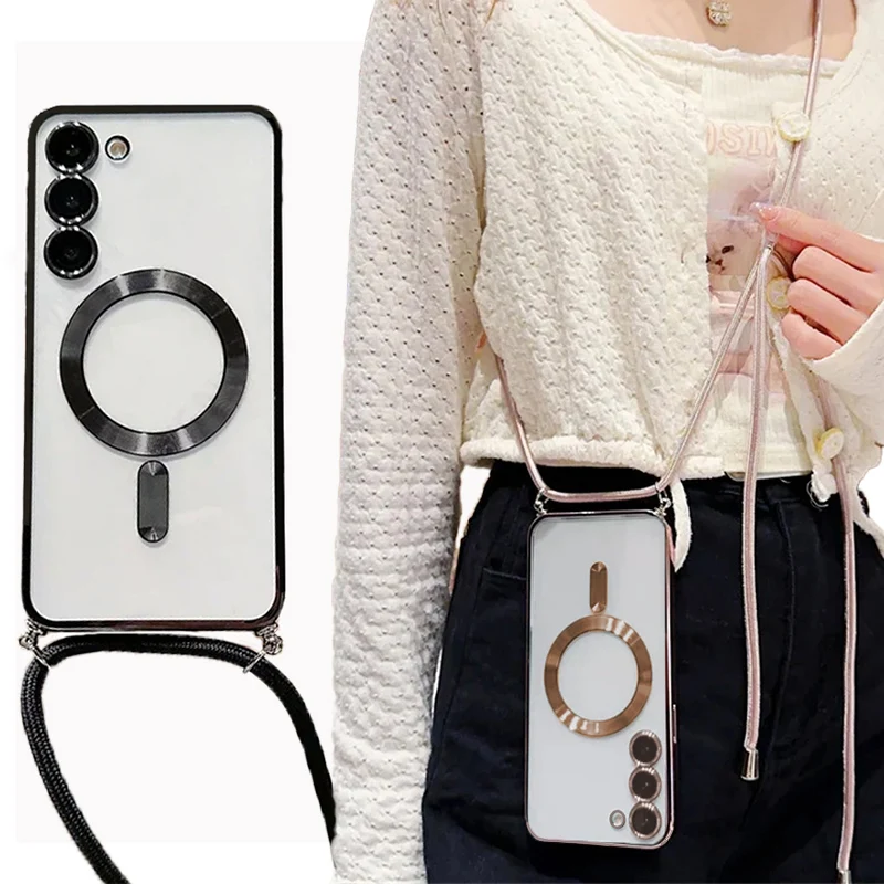 Transparent silicone magnetic case for Samsung S25 S24 S23 Ultra A56 A55  A36 A16 A26 Cross necklace rope wireless charge cover
