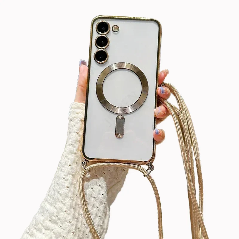 Transparent silicone magnetic case for Samsung S25 S24 S23 Ultra A56 A55  A36 A16 A26 Cross necklace rope wireless charge cover