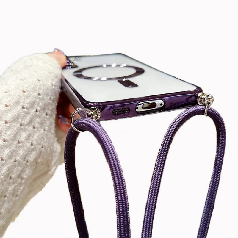 Transparent silicone magnetic case for Samsung S25 S24 S23 Ultra A56 A55  A36 A16 A26 Cross necklace rope wireless charge cover