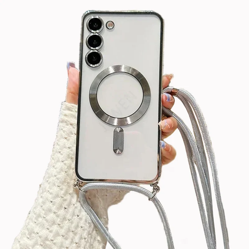 Transparent silicone magnetic case for Samsung S25 S24 S23 Ultra A56 A55  A36 A16 A26 Cross necklace rope wireless charge cover