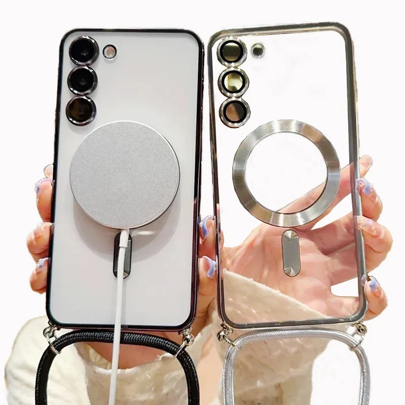 Transparent silicone magnetic case for Samsung S25 S24 S23 Ultra A56 A55  A36 A16 A26 Cross necklace rope wireless charge cover