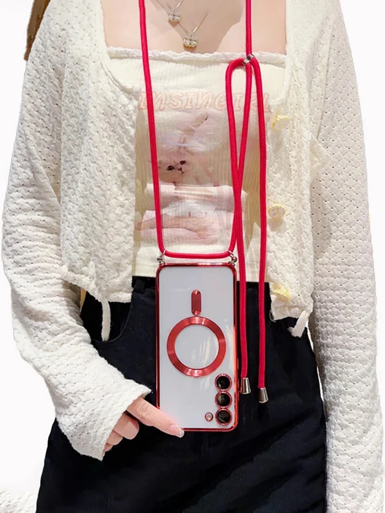 Transparent silicone magnetic case for Samsung S25 S24 S23 Ultra A56 A55  A36 A16 A26 Cross necklace rope wireless charge cover