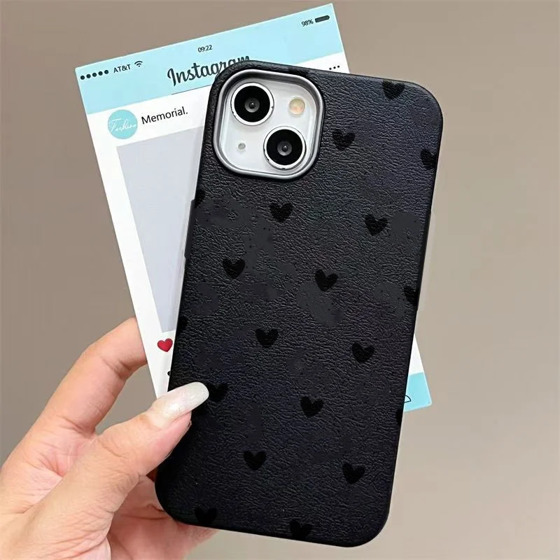 Cool Black Little Heart Leather Texture Phone Case for Xiaomi Redmi Note 14 13 12 11 10 Pro Plus 12S 11S Redmi 12 13C 14C Cover