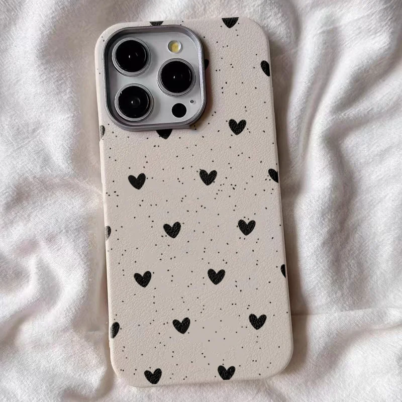 Cool Black Little Heart Leather Texture Phone Case for Xiaomi Redmi Note 14 13 12 11 10 Pro Plus 12S 11S Redmi 12 13C 14C Cover