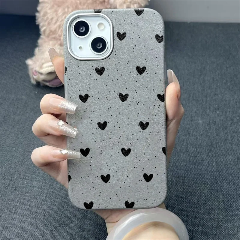 Cool Black Little Heart Leather Texture Phone Case for Xiaomi Redmi Note 14 13 12 11 10 Pro Plus 12S 11S Redmi 12 13C 14C Cover