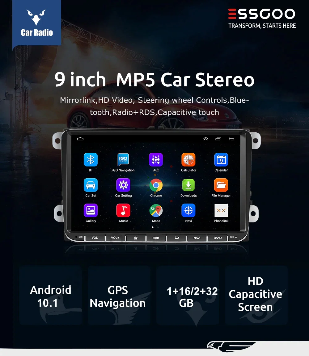 ESSGOO 2 Din Android Car Radio 9 Inch Carplay RDS AM FM Bluetooth WiFi Multimedia Autoradio For VW Volkswagen Passat B6 B7 Skoda
