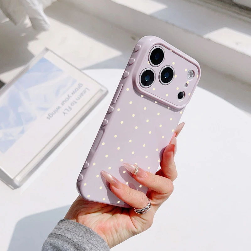 Simple Polka Dot Phone Case For iPhone 17 Pro 16 Plus 15 pro 14 13 Pro Max 12 11 Heart Side Shockproof Soft TPU Cute Girly Cover