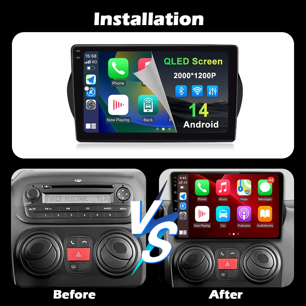 Android 16 For Fiat Fiorino Qubo Citroen Nemo Peugeot Bipper 2008 - 2017 Carplay Auto QLED Screen 4G Car Radio Multimedia Player