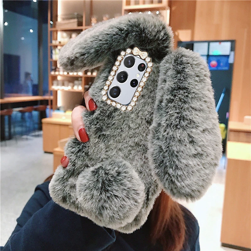 Soft Plush Phone Case for Samsung Galaxy S24 S23 S22 Ultra S21 S20 Fe S10 S9 S8 Note 20 Furry Rabbit Bunny Warm Furd Hair Cover