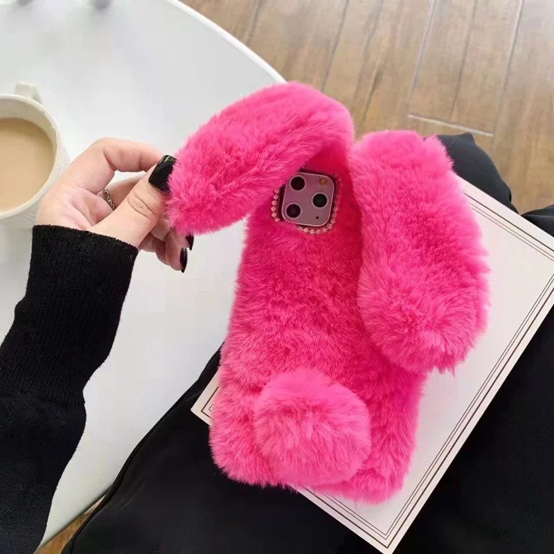 Soft Plush Phone Case for Samsung Galaxy S24 S23 S22 Ultra S21 S20 Fe S10 S9 S8 Note 20 Furry Rabbit Bunny Warm Furd Hair Cover