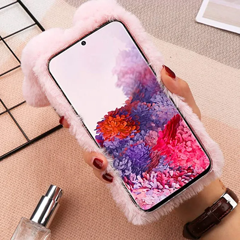 Soft Plush Phone Case for Samsung Galaxy S24 S23 S22 Ultra S21 S20 Fe S10 S9 S8 Note 20 Furry Rabbit Bunny Warm Furd Hair Cover