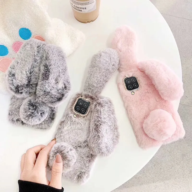 Soft Plush Phone Case for Samsung Galaxy S24 S23 S22 Ultra S21 S20 Fe S10 S9 S8 Note 20 Furry Rabbit Bunny Warm Furd Hair Cover