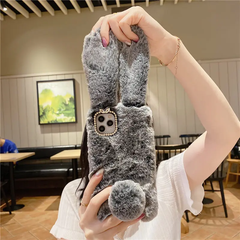 Soft Plush Phone Case for Samsung Galaxy S24 S23 S22 Ultra S21 S20 Fe S10 S9 S8 Note 20 Furry Rabbit Bunny Warm Furd Hair Cover