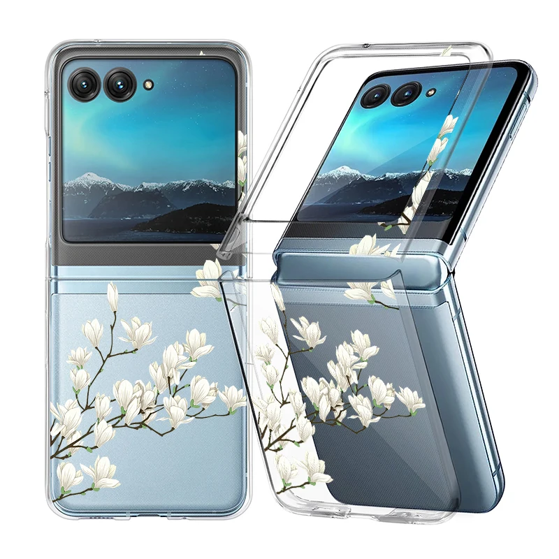 Flowers Pattern Transparent Folding Case For Motorola Razr 70 60 40 50 Ultra Razr70 Razr60 Razr50 Shockproof Hard PC Phone Cover