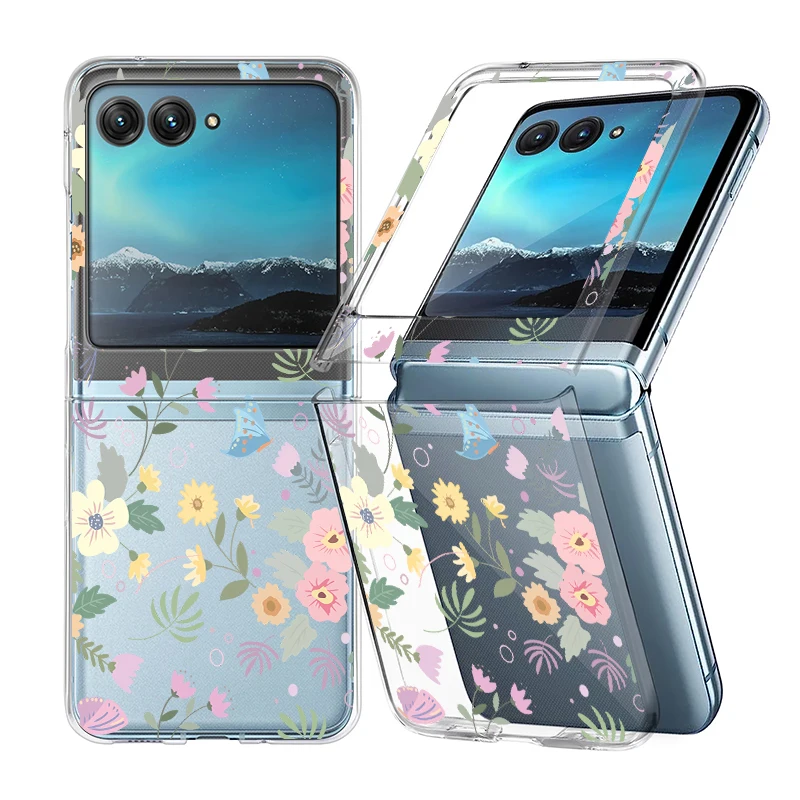 Flowers Pattern Transparent Folding Case For Motorola Razr 70 60 40 50 Ultra Razr70 Razr60 Razr50 Shockproof Hard PC Phone Cover