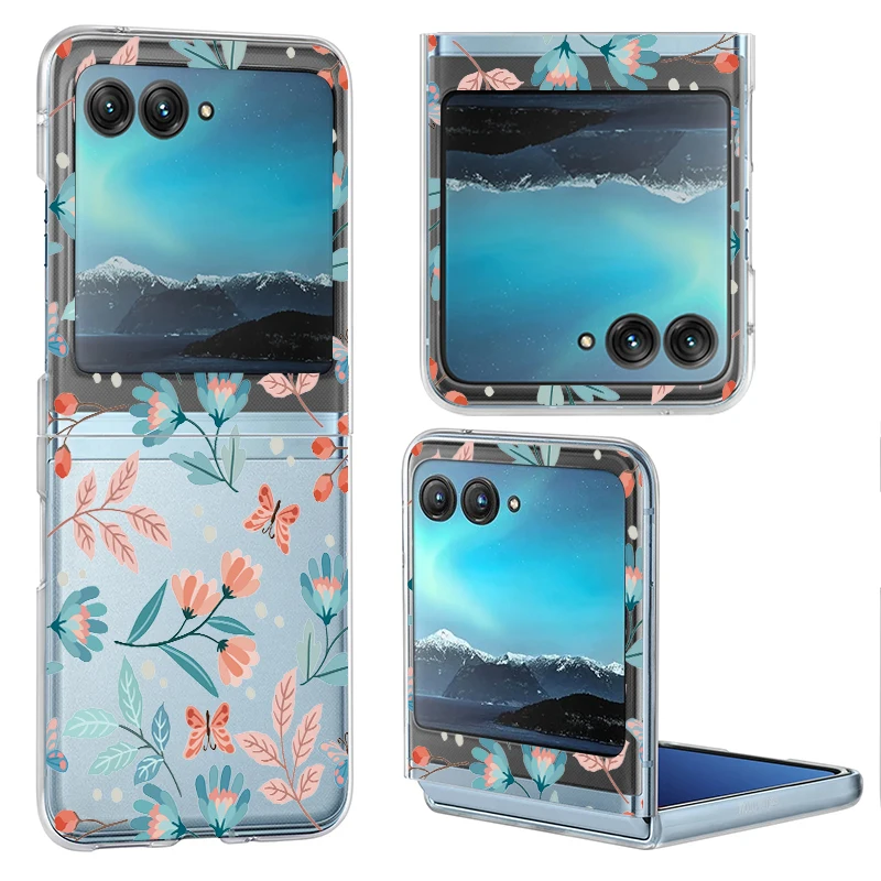 Flowers Pattern Transparent Folding Case For Motorola Razr 70 60 40 50 Ultra Razr70 Razr60 Razr50 Shockproof Hard PC Phone Cover