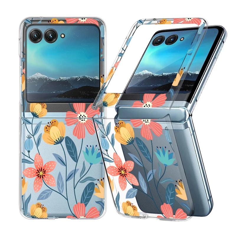 Flowers Pattern Transparent Folding Case For Motorola Razr 70 60 40 50 Ultra Razr70 Razr60 Razr50 Shockproof Hard PC Phone Cover