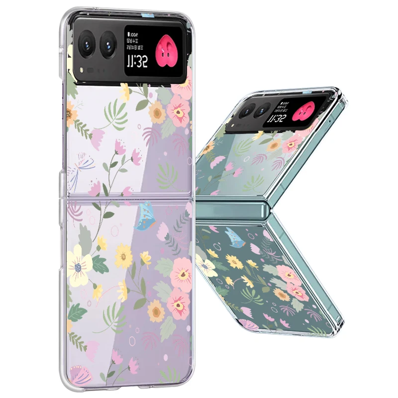Flowers Pattern Transparent Folding Case For Motorola Razr 70 60 40 50 Ultra Razr70 Razr60 Razr50 Shockproof Hard PC Phone Cover