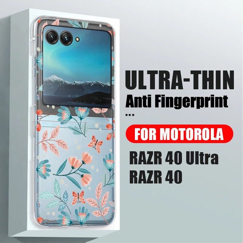 Flowers Pattern Transparent Folding Case For Motorola Razr 70 60 40 50 Ultra Razr70 Razr60 Razr50 Shockproof Hard PC Phone Cover
