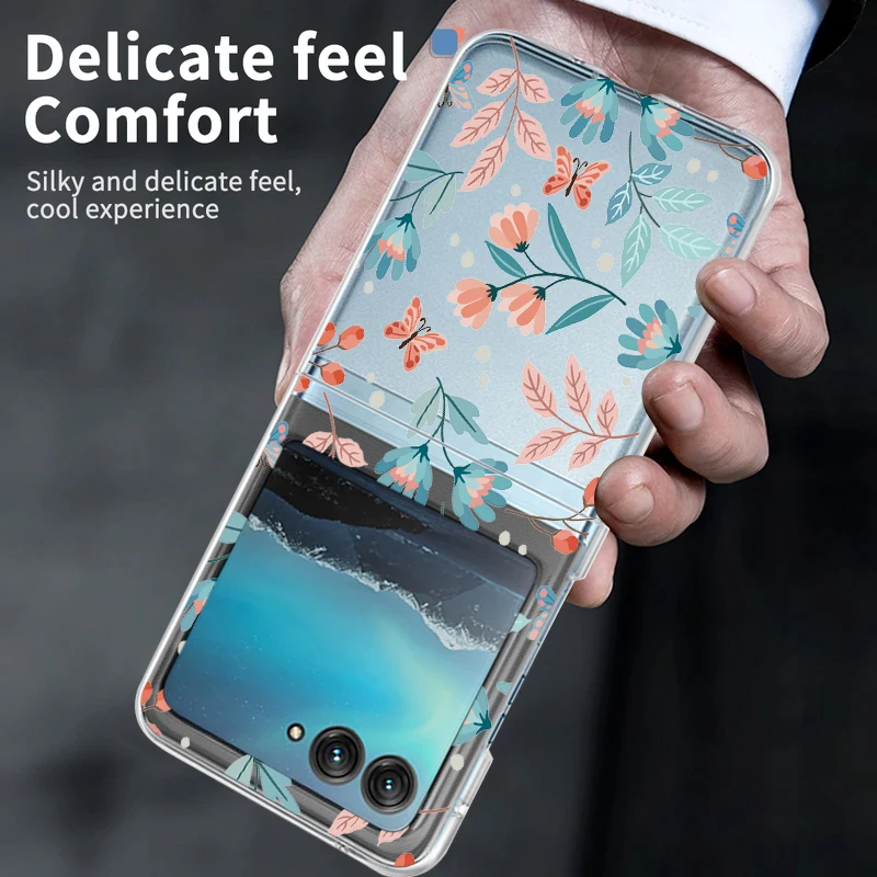 Flowers Pattern Transparent Folding Case For Motorola Razr 70 60 40 50 Ultra Razr70 Razr60 Razr50 Shockproof Hard PC Phone Cover