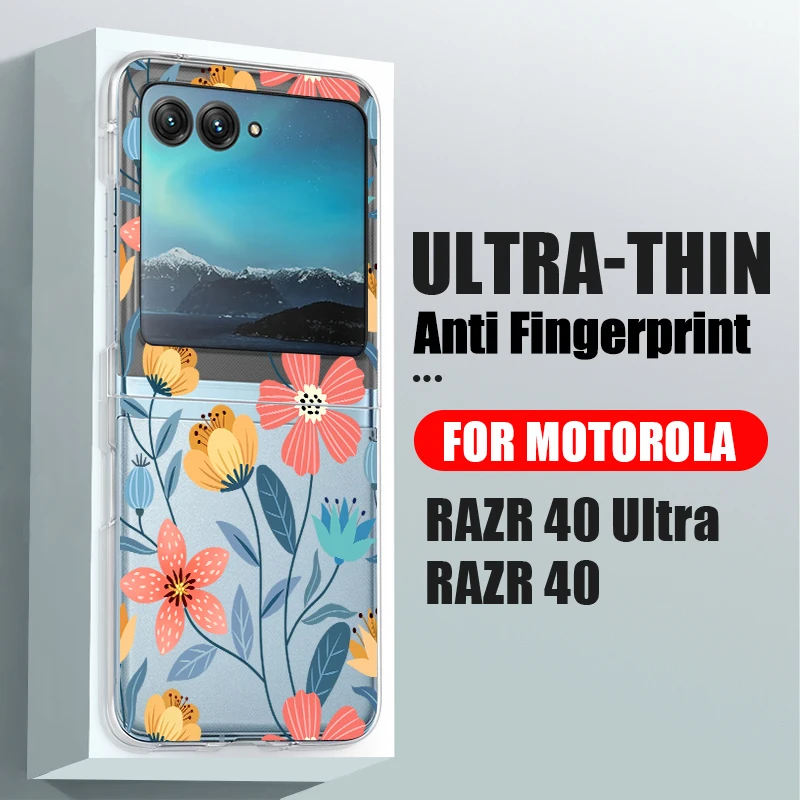 Flowers Pattern Transparent Folding Case For Motorola Razr 70 60 40 50 Ultra Razr70 Razr60 Razr50 Shockproof Hard PC Phone Cover