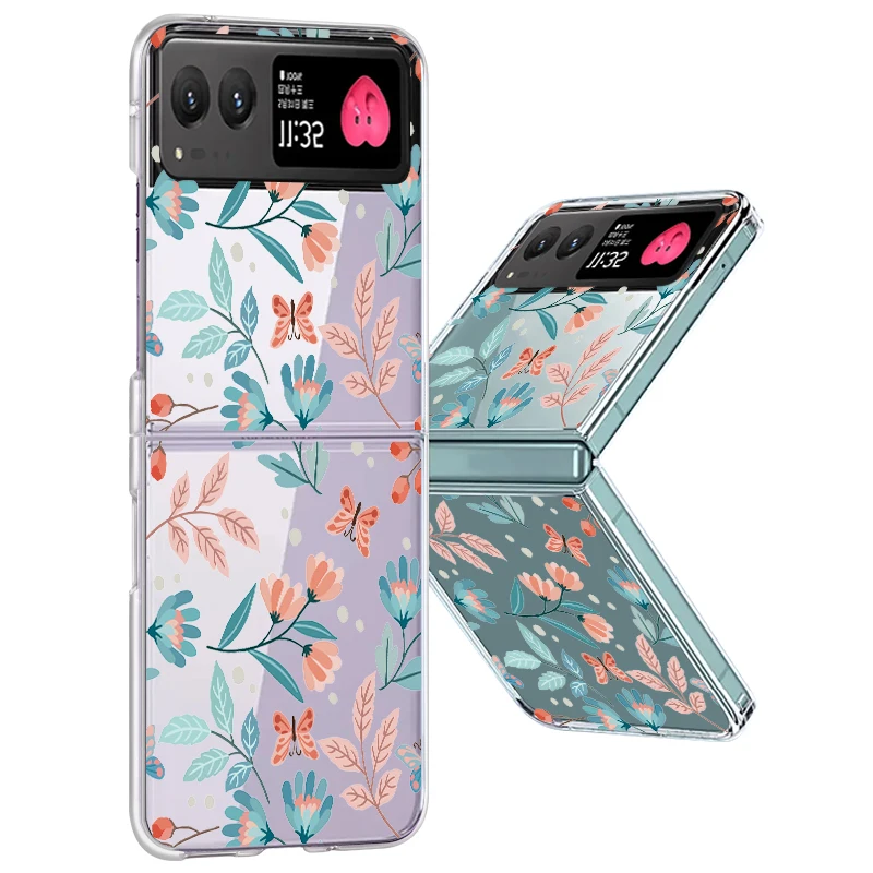Flowers Pattern Transparent Folding Case For Motorola Razr 70 60 40 50 Ultra Razr70 Razr60 Razr50 Shockproof Hard PC Phone Cover