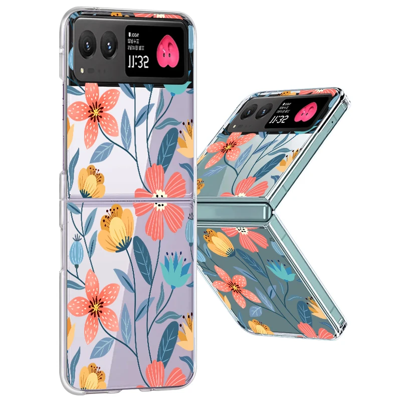Flowers Pattern Transparent Folding Case For Motorola Razr 70 60 40 50 Ultra Razr70 Razr60 Razr50 Shockproof Hard PC Phone Cover