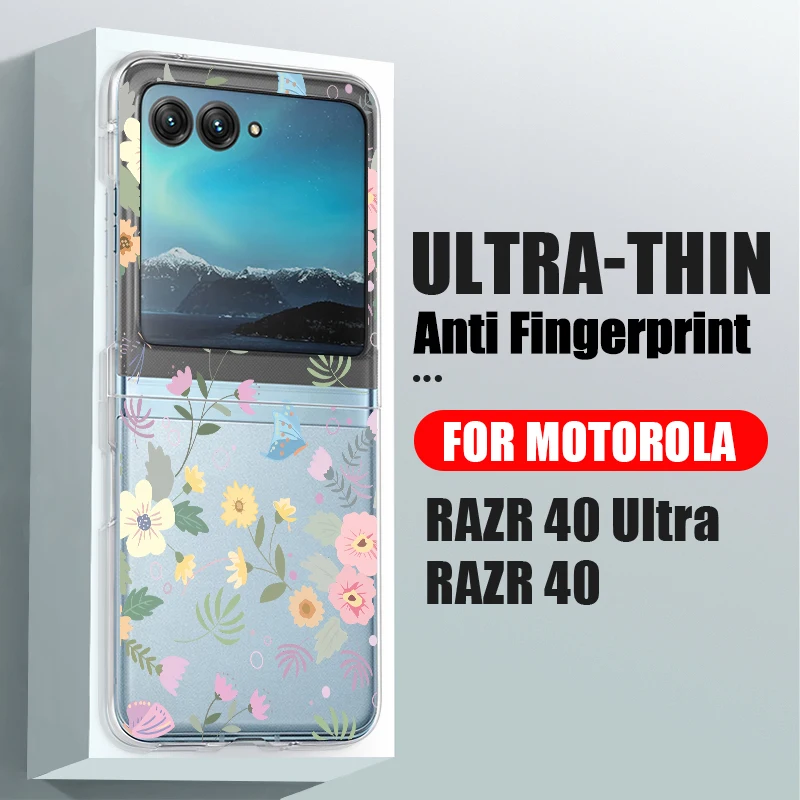 Flowers Pattern Transparent Folding Case For Motorola Razr 70 60 40 50 Ultra Razr70 Razr60 Razr50 Shockproof Hard PC Phone Cover