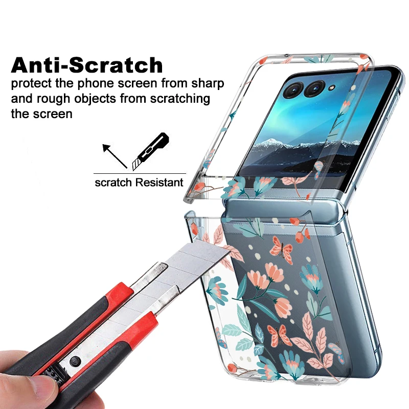 Flowers Pattern Transparent Folding Case For Motorola Razr 70 60 40 50 Ultra Razr70 Razr60 Razr50 Shockproof Hard PC Phone Cover