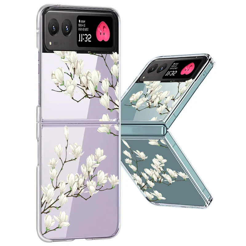 Flowers Pattern Transparent Folding Case For Motorola Razr 70 60 40 50 Ultra Razr70 Razr60 Razr50 Shockproof Hard PC Phone Cover