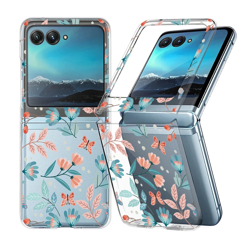 Flowers Pattern Transparent Folding Case For Motorola Razr 70 60 40 50 Ultra Razr70 Razr60 Razr50 Shockproof Hard PC Phone Cover