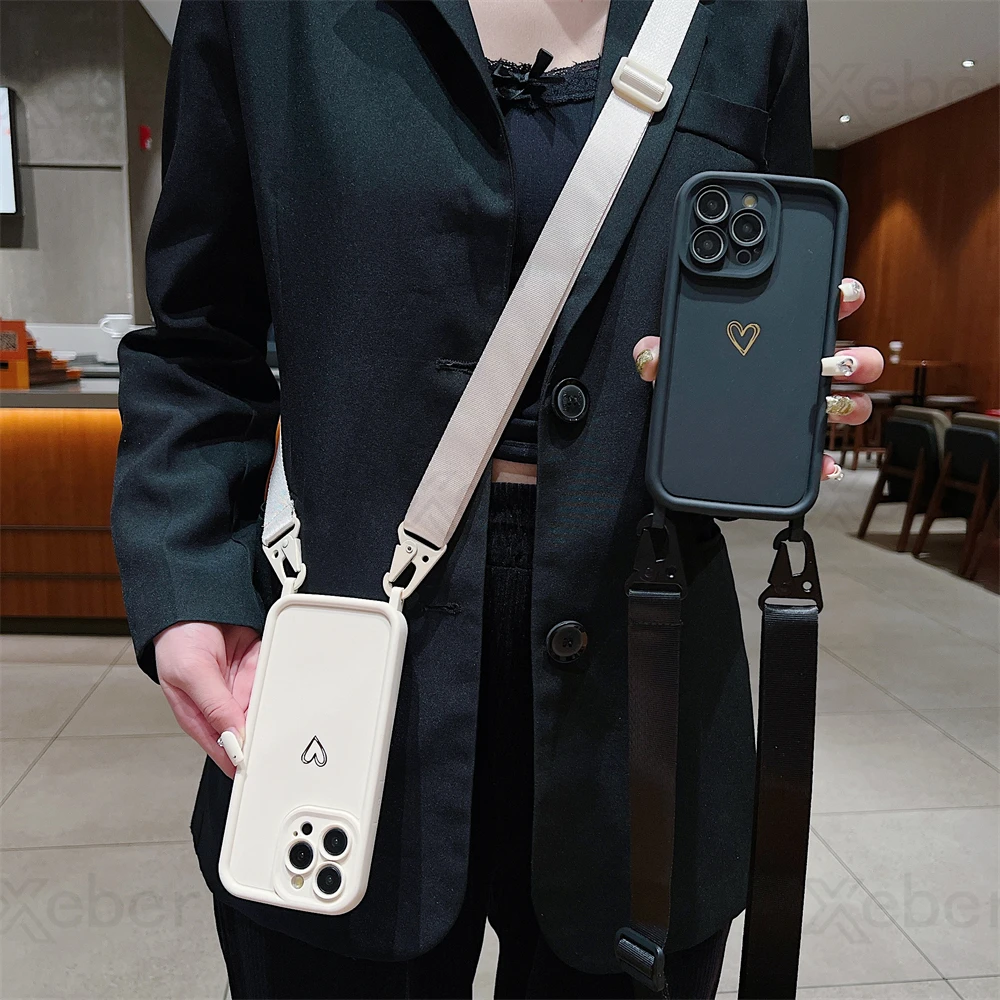 Luxury Crossbody Lanyard Cord Rope Cute Love Heart Soft Case For iPhone 17 16 15 14 Pro Max 13 12 11 X 7 8 Plus Shockproof Cover