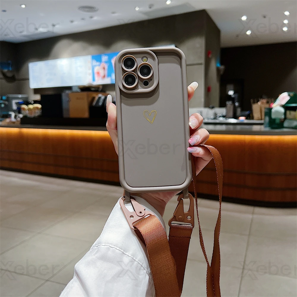 Luxury Crossbody Lanyard Cord Rope Cute Love Heart Soft Case For iPhone 17 16 15 14 Pro Max 13 12 11 X 7 8 Plus Shockproof Cover
