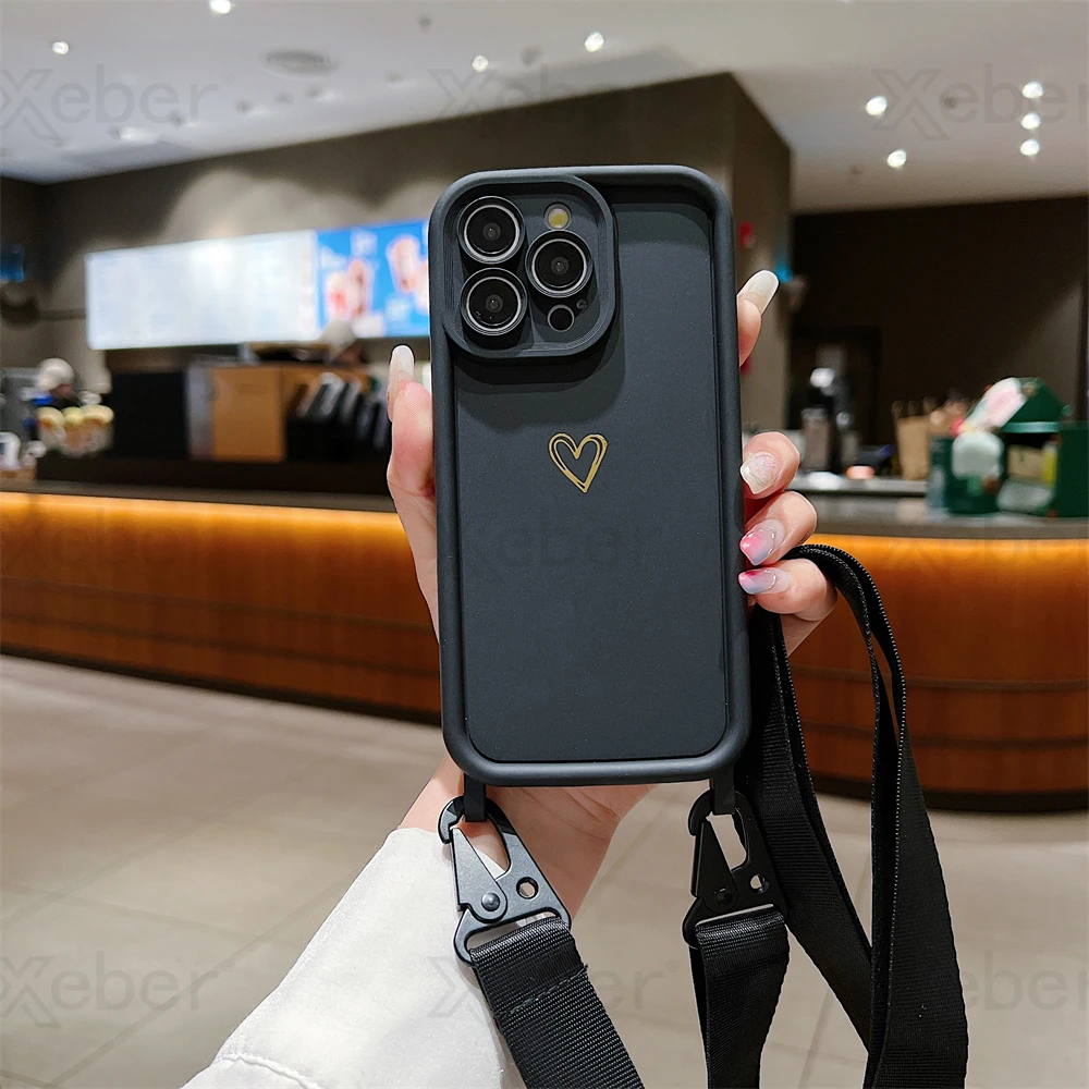 Luxury Crossbody Lanyard Cord Rope Cute Love Heart Soft Case For iPhone 17 16 15 14 Pro Max 13 12 11 X 7 8 Plus Shockproof Cover