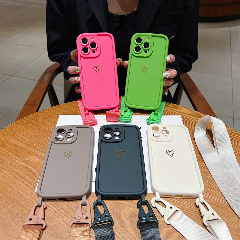 Luxury Crossbody Lanyard Cord Rope Cute Love Heart Soft Case For iPhone 17 16 15 14 Pro Max 13 12 11 X 7 8 Plus Shockproof Cover
