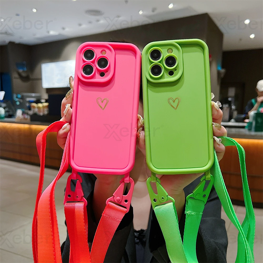 Luxury Crossbody Lanyard Cord Rope Cute Love Heart Soft Case For iPhone 17 16 15 14 Pro Max 13 12 11 X 7 8 Plus Shockproof Cover