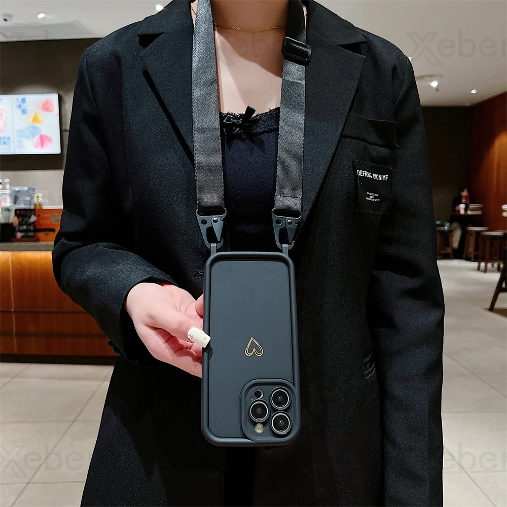 Luxury Crossbody Lanyard Cord Rope Cute Love Heart Soft Case For iPhone 17 16 15 14 Pro Max 13 12 11 X 7 8 Plus Shockproof Cover