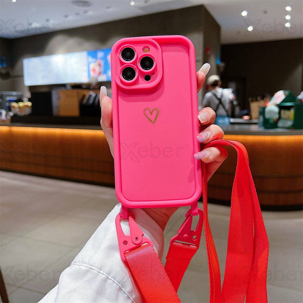 Luxury Crossbody Lanyard Cord Rope Cute Love Heart Soft Case For iPhone 17 16 15 14 Pro Max 13 12 11 X 7 8 Plus Shockproof Cover