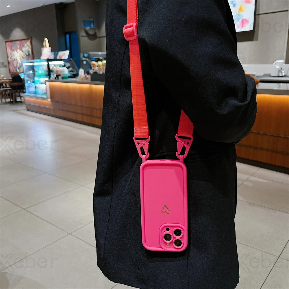 Luxury Crossbody Lanyard Cord Rope Cute Love Heart Soft Case For iPhone 17 16 15 14 Pro Max 13 12 11 X 7 8 Plus Shockproof Cover