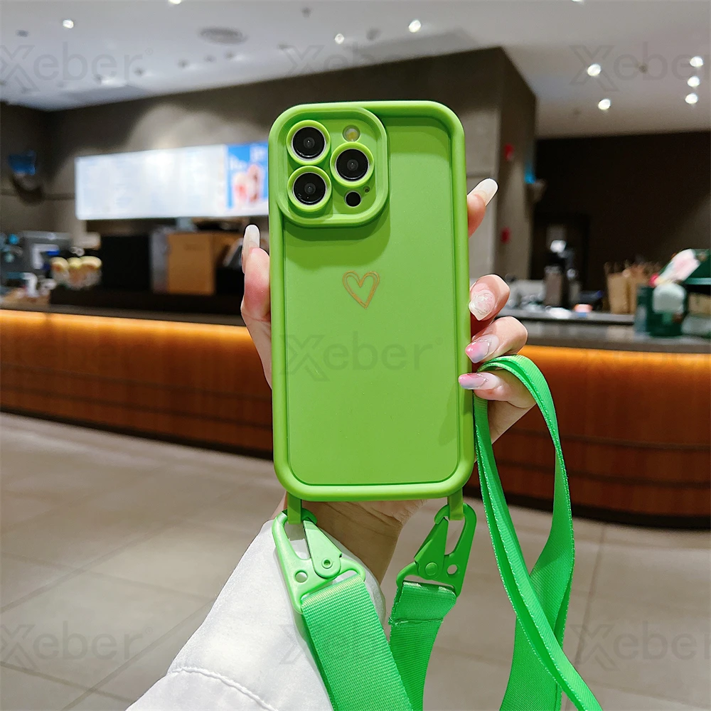 Luxury Crossbody Lanyard Cord Rope Cute Love Heart Soft Case For iPhone 17 16 15 14 Pro Max 13 12 11 X 7 8 Plus Shockproof Cover