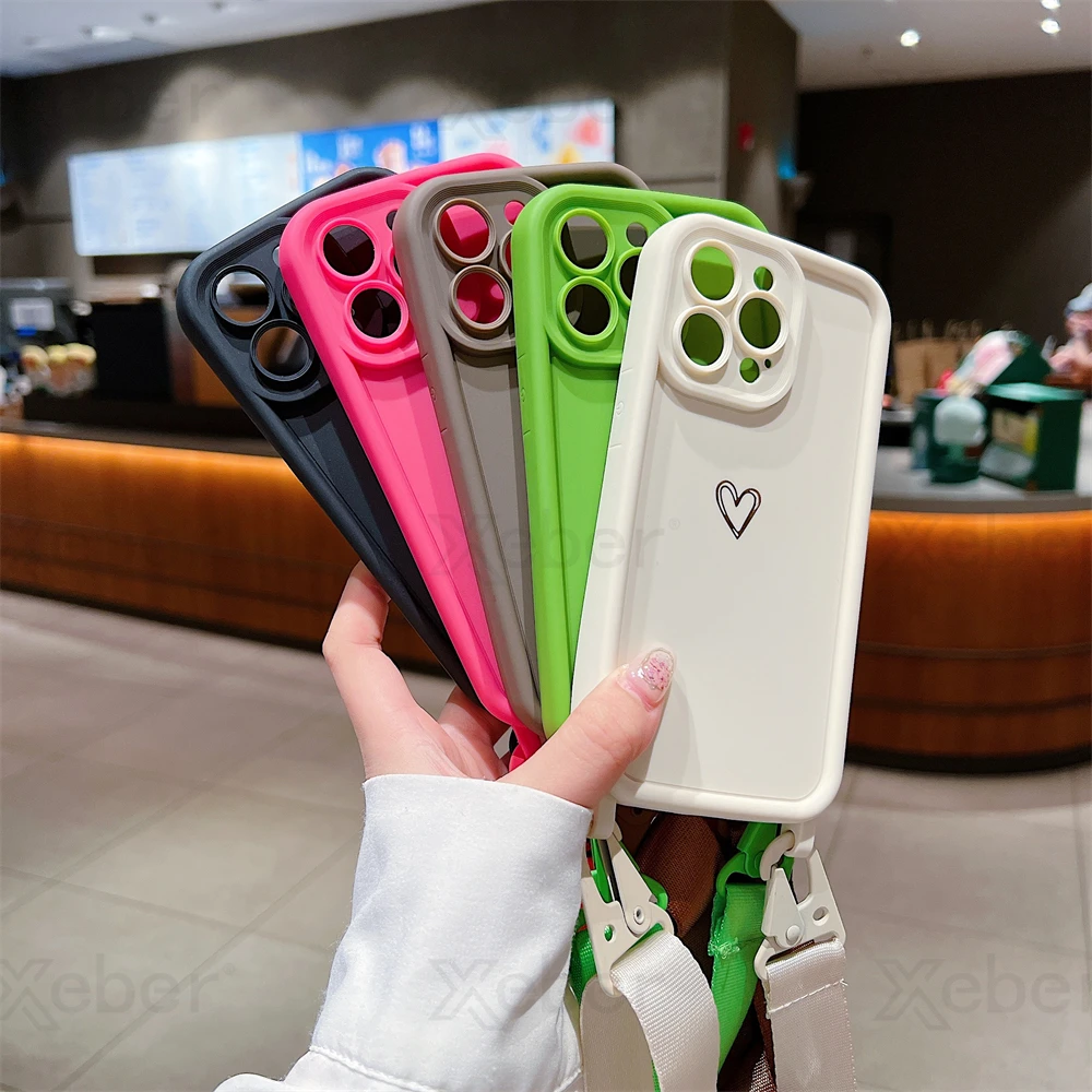 Luxury Crossbody Lanyard Cord Rope Cute Love Heart Soft Case For iPhone 17 16 15 14 Pro Max 13 12 11 X 7 8 Plus Shockproof Cover