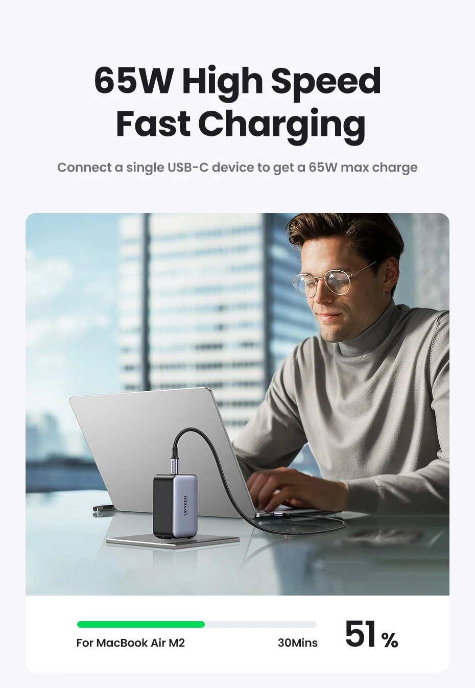 UGREEN 65W GaN Charger Quick Charge 4.0 3.0 Type C PD USB Charger for iPhone 16 15 14 Pro Max Fast Charger For Laptop PD Charger